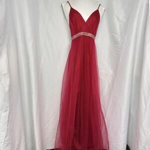 Dress Juniors Size 0 Red Glitter Tulle Maxi Prom Formal Rhinestone Waist Gown